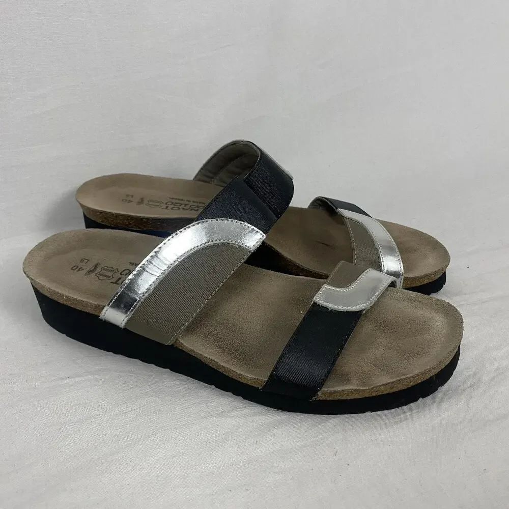 Naot Slide Sandals Womens 9 40 Black Silver Colorblock Leather Comfort Strappy - Picture 2 of 14